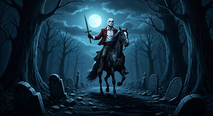 A ghostly rider on a black horse wielding a sword in a graveyard under a full moon at night