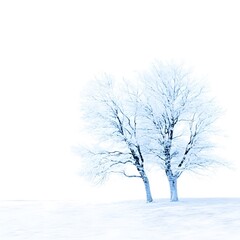 Fototapeta premium Winter Landscape, Two Frosty Trees in Snowy Field