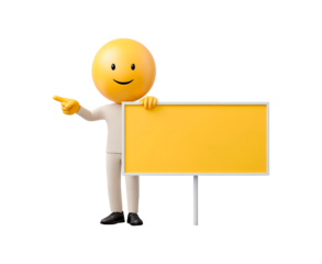 Smiley emoji character pointing at blank yellow signboard on transparent background, PNG
