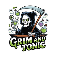 Fototapeta premium Grim Reaper enjoying a Grim and Tonic cocktail with potion bottles and ghosts