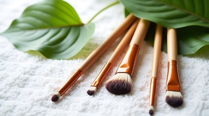 Natural beauty tools a collection of wooden makeup brushes resting on a textured white surface amidst lush green leaves