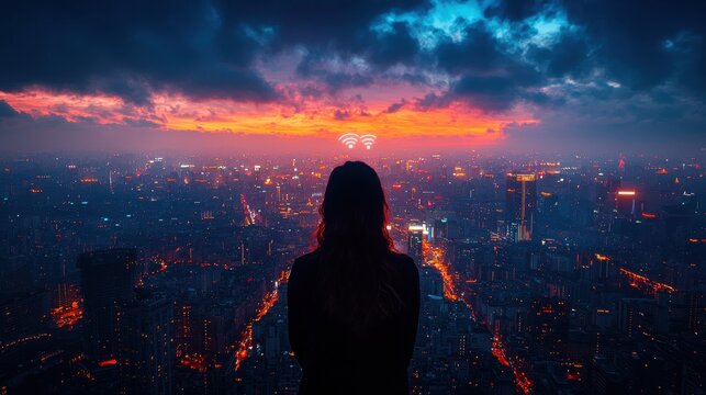 A vibrant cityscape pulsated with activity, its inhabitants connected by a web of invisible threads, representing a vast network of data, a smart city's intricate workings, and the boundless 