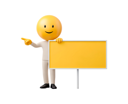 Smiley emoji character pointing at blank yellow signboard on transparent background, PNG