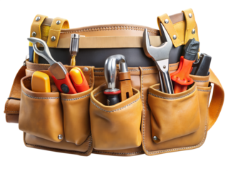 Leather tool belt with various tools isolated on transparent background