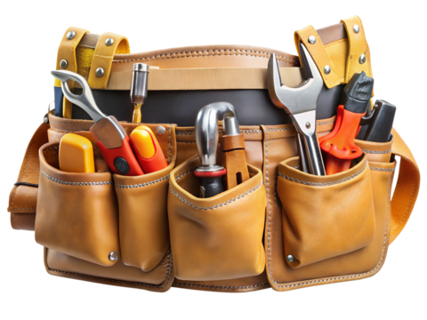 Leather tool belt with various tools isolated on transparent background