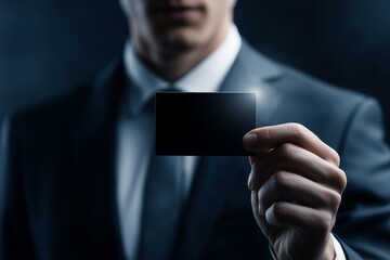 Businessman Hand Holding Blank Credit Card Mockup on Dark Background