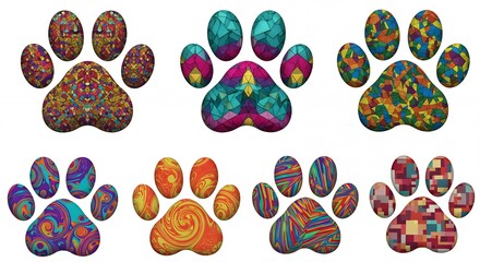 Colorful dog paw prints with intricate patterns