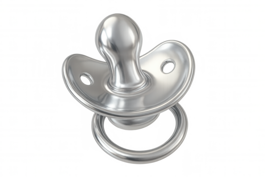 Chrome pacifier floating on a transparent background, representing childcare, parenting, and baby care - Powered by Adobe