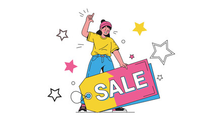 Fototapeta premium Excited woman announces a big sale event with vibrant colors and festive decoration