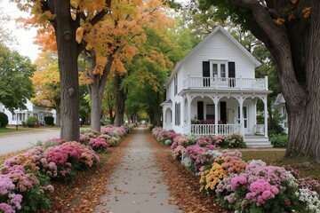 Obraz premium A white house surrounded by flowers and trees on a street
