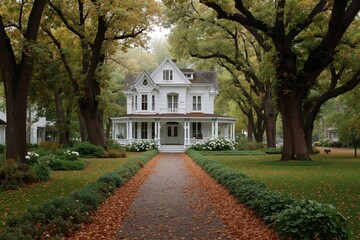 A large white house surrounded by trees and bushes