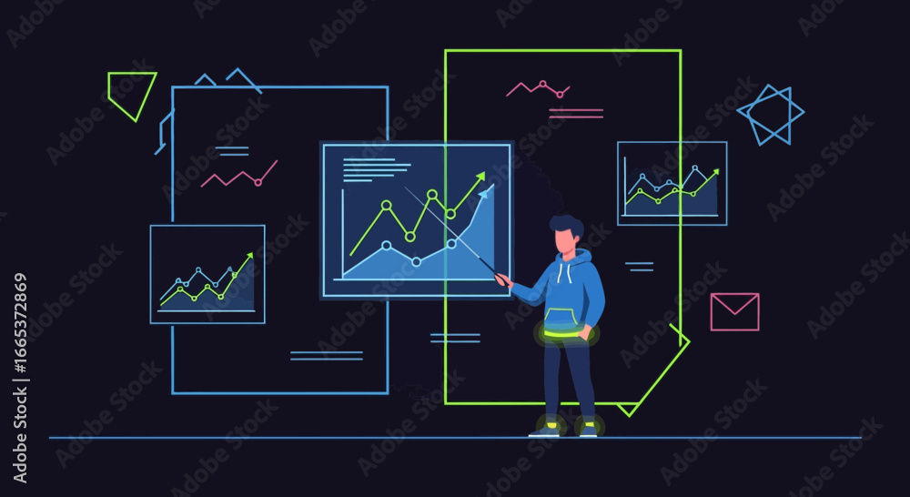 Poster financial analysis and data presentation with neon graphics in a modern design