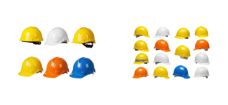 Construction safety gear display workplace hard hats collection industrial environment safety concept isolated set png
