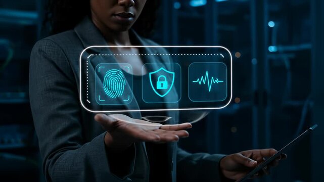 A Black adult woman, a cybersecurity professional, presents advanced biometric authentication and data protection through a glowing holographic interface within a secure server room, embodying future 
