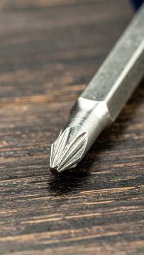 Close-up of a screwdriver tip on wood