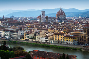 View from above of the old district of Florence and the Duomo Cathedral, Italy