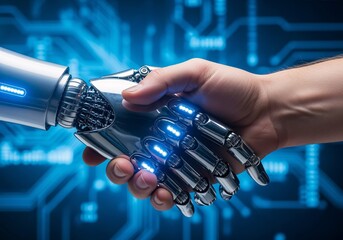 A human hand shakes a futuristic robotic hand with glowing blue accents against a blurred digital circuit background, symbolizing technological partnership.