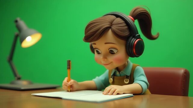 Child focused on schoolwork with music playing in the background, great for educational or student-related themes