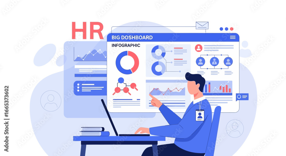 Poster illustration of a human resources professional analyzing data on a dashboard interface
