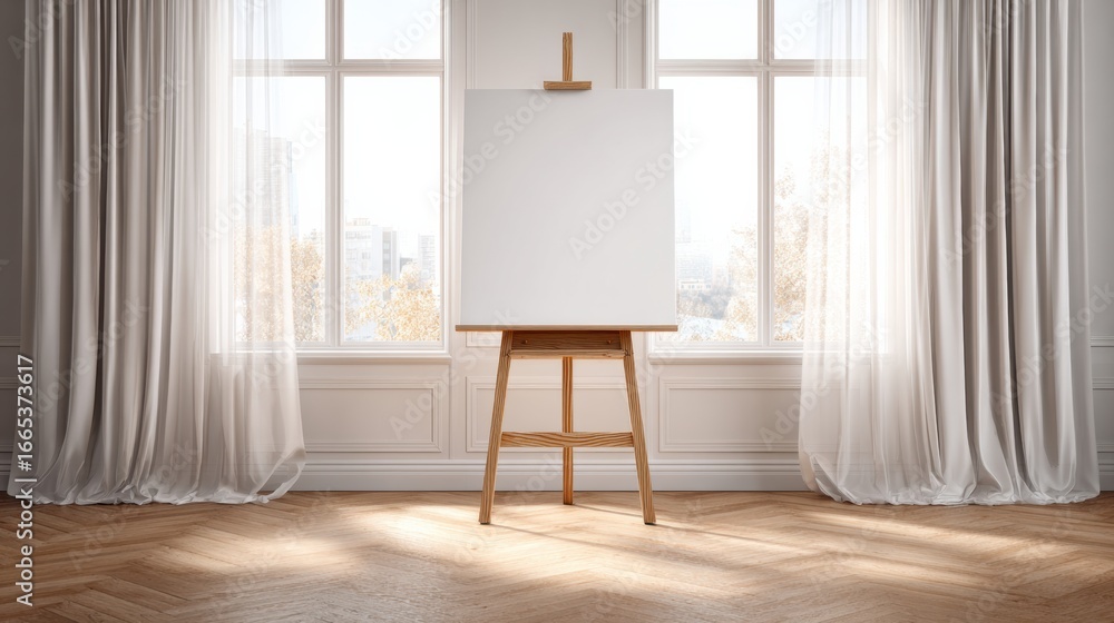 Poster easel stands empty in a bright, modern room with large windows and soft curtains during the daytime