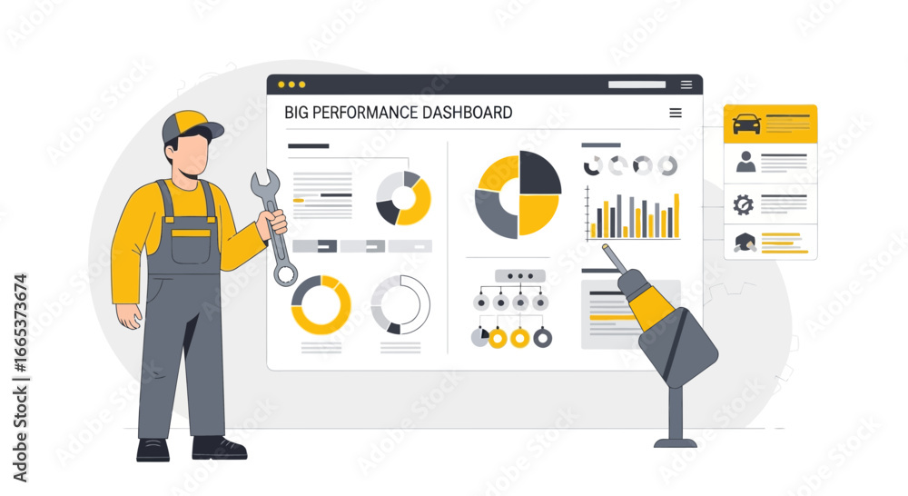 Poster illustration of a mechanic analyzing vehicle performance dashboard for optimization
