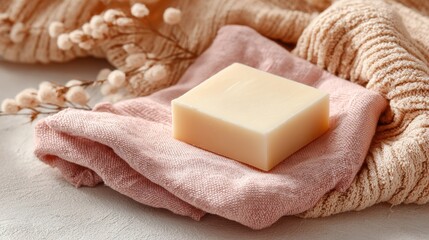 Stunning photo of cream Colored Square Soap on Peach Linen Cloth.
