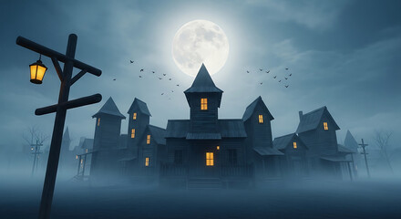 A spooky haunted house under a full moon with a lamppost and birds flying in the night sky