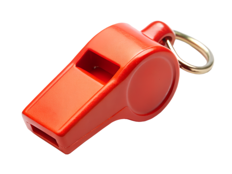 A bright red plastic whistle with a metal ring, isolated on transparent background
