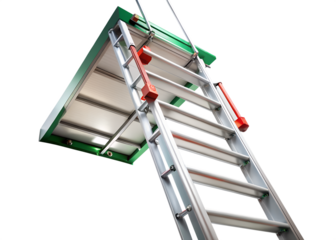 Aluminum attic access ladder for home and building entry, isolated on transparent background