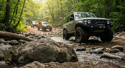 Ground-level view of off-road vehicles crossing a rocky river in a sunlit forest