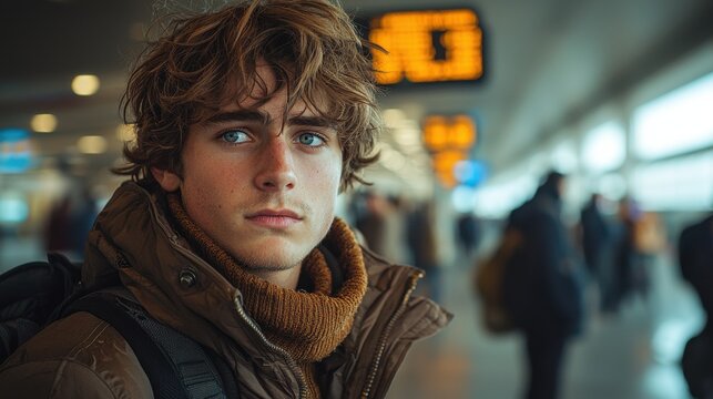 A young man, face etched with worry and anxiety, navigates the bustling chaos of an airport terminal, where delayed flights and travel plan changes cast a shadow over his journey. His eyes, 