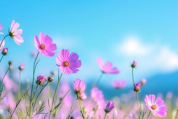 Fototapeta premium A field of pink flowers with a blue sky in the background