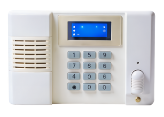 Home security alarm system control panel with keypad and display isolated on transparent background