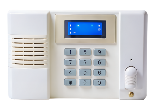 Home security alarm system control panel with keypad and display isolated on transparent background