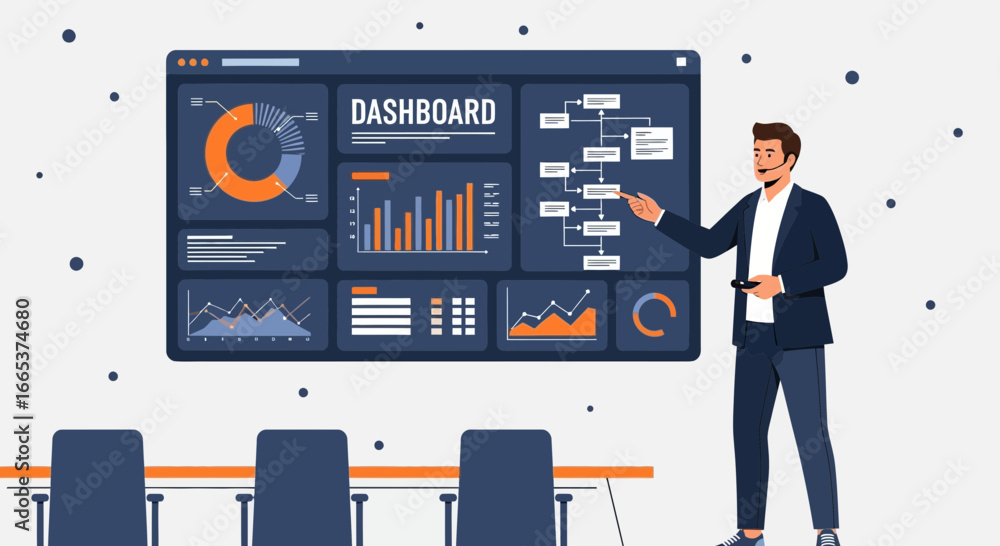 Poster man presenting financial data dashboard with charts and graphs in a business meeting to improve