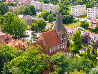 Beautiful brick church in Pruszcz Gdanski at summer, Poland