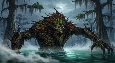 A swamp monster emerging from the murky water with trees and moss in the background on a cloudy day