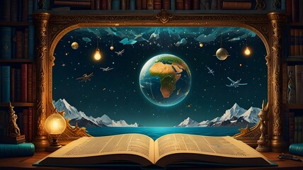 Open book frames Earth viewed from a cosmic library