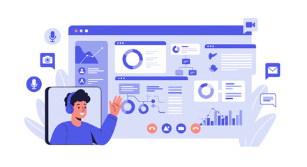 Online video conference and remote working meeting illustration with dashboard graphics and user
