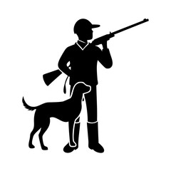 Naklejka premium Silhouette of a hunter with a dog and a rifle