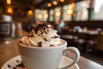 Deliciously topped hot chocolate in a cozy cafe setting