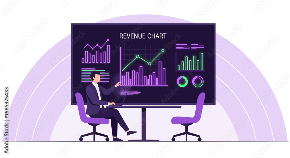 Poster professional analyzing revenue chart and presenting data in the office boardroom setting