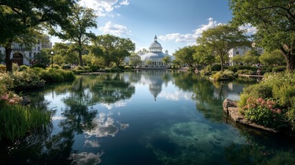 A pond in the middle of a park with a building in the background
