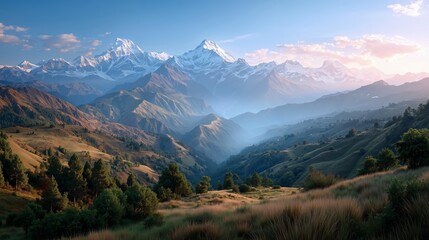 A view of a mountain range with snow capped mountains in the background