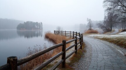 Naklejka premium Stunning photo of misty Winter Lake with Wooden Fence and Paved Path.