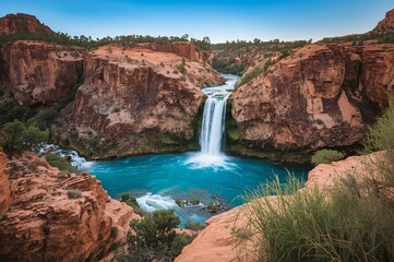 Desert waterfall scenic view, turquoise pool, canyon backdrop, travel poster