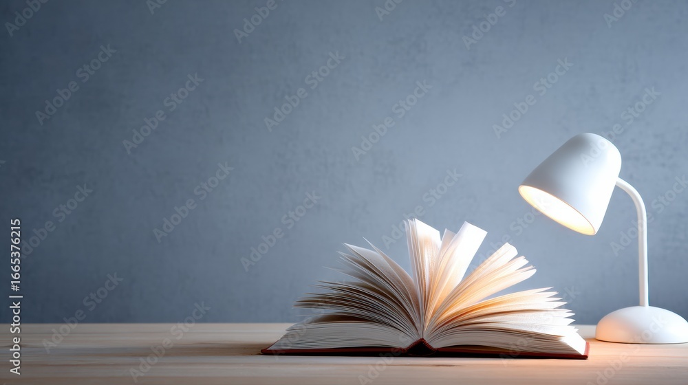 Poster open book illuminated by a desk lamp on a wooden table with gray wall background creating a cozy rea