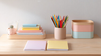 Fototapeta premium children's craft and study corner with small light wood desk, blank pastel notebooks, cup of colored pencils, pastel storage bins, soft daylight, clean minimalist styling