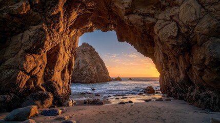 Stunning photo of sunset View Through Coastal Rock Archway.