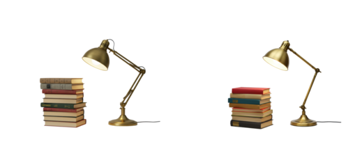 Creative workspace setup with desk lamp and stacked books modern office still life minimalist eye-level productivity concept isolated set png